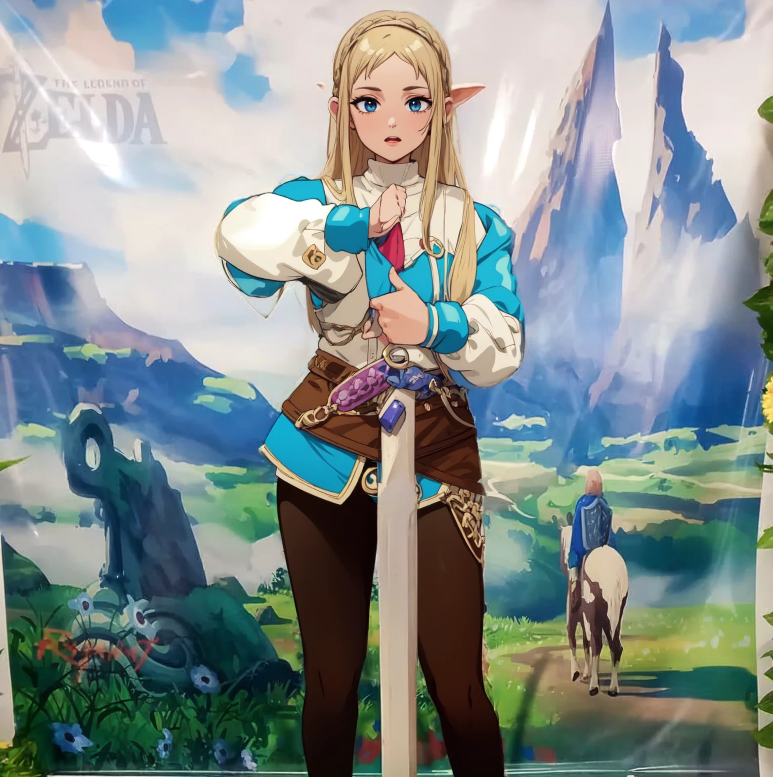 masterpiece, full body, 8k, ultra high definition, high quality, a young girl wearing zelda outfit, blonde hair, with a sword
