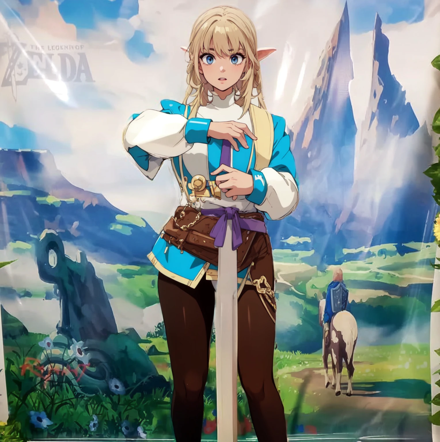 masterpiece, full body, 8k, ultra high definition, high quality, a young girl wearing zelda outfit, blonde hair, with a sword