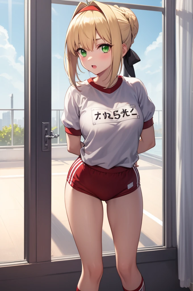 1girl,fgonero, nero, ahoge, blonde hair, (green eyes:1.5), hair between eyes, hair intakes, 
BREAK braid, buruma, french braid, gym shirt, gym uniform, hair bun, headband, official alternate costume, red buruma, red headband, single hair bun,
BREAK looking at viewer, standing, leaning forward, arms behind back,
BREAK indoors, classroom,
BREAK (masterpiece:1.2), best quality, high resolution, unity 8k wallpaper, (illustration:0.8), (beautiful detailed eyes:1.6), extremely detailed face, perfect lighting, extremely detailed CG, (perfect hands, perfect anatomy),