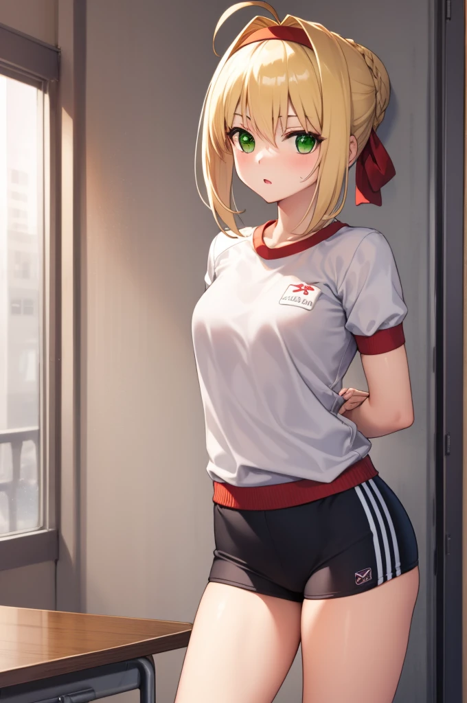 1girl,fgonero, nero, ahoge, blonde hair, (green eyes:1.5), hair between eyes, hair intakes, 
BREAK braid, buruma, french braid, gym shirt, gym uniform, hair bun, headband, official alternate costume, red buruma, red headband, single hair bun,
BREAK looking at viewer, standing, leaning forward, arms behind back,
BREAK indoors, classroom,
BREAK (masterpiece:1.2), best quality, high resolution, unity 8k wallpaper, (illustration:0.8), (beautiful detailed eyes:1.6), extremely detailed face, perfect lighting, extremely detailed CG, (perfect hands, perfect anatomy),