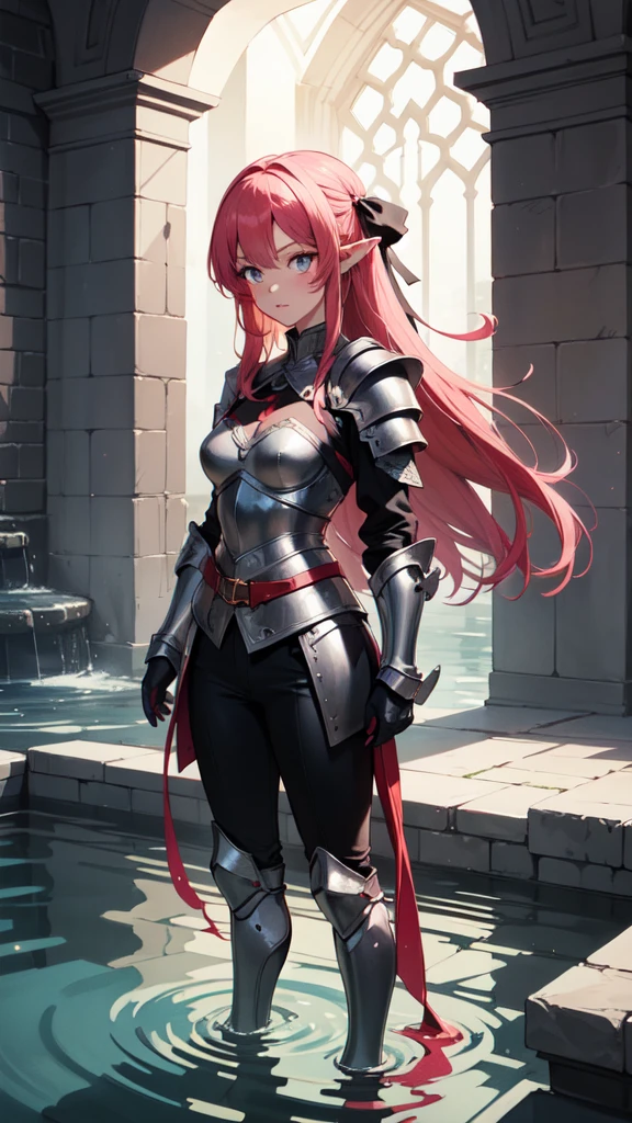 realisitic,best qualityer,(work of art:1.2),absurderes,(1 girl, standing alone),water colour,A beautiful woman,shoulder,hair ribbons,retrato de meio corpo,extremely luminous bright design,(inking:1.3), medieval armor,gazing at viewer, female elf, Pink long hair, Eyes red 