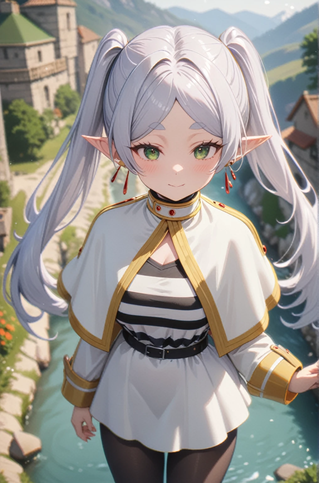 One girl, Freezing, Beautiful smile, Green Eyes, Gray Hair, Long Hair, Twin tails, Earrings, White capelet, Striped shirt, Long sleeve, belt, White Skirt, Black Pantyhose, Big Breasts, landscape, Looking at the audience, masterpiece, Highest quality, so beautiful, Absurd, up to date, Complex details, Complex, AI-generated,  