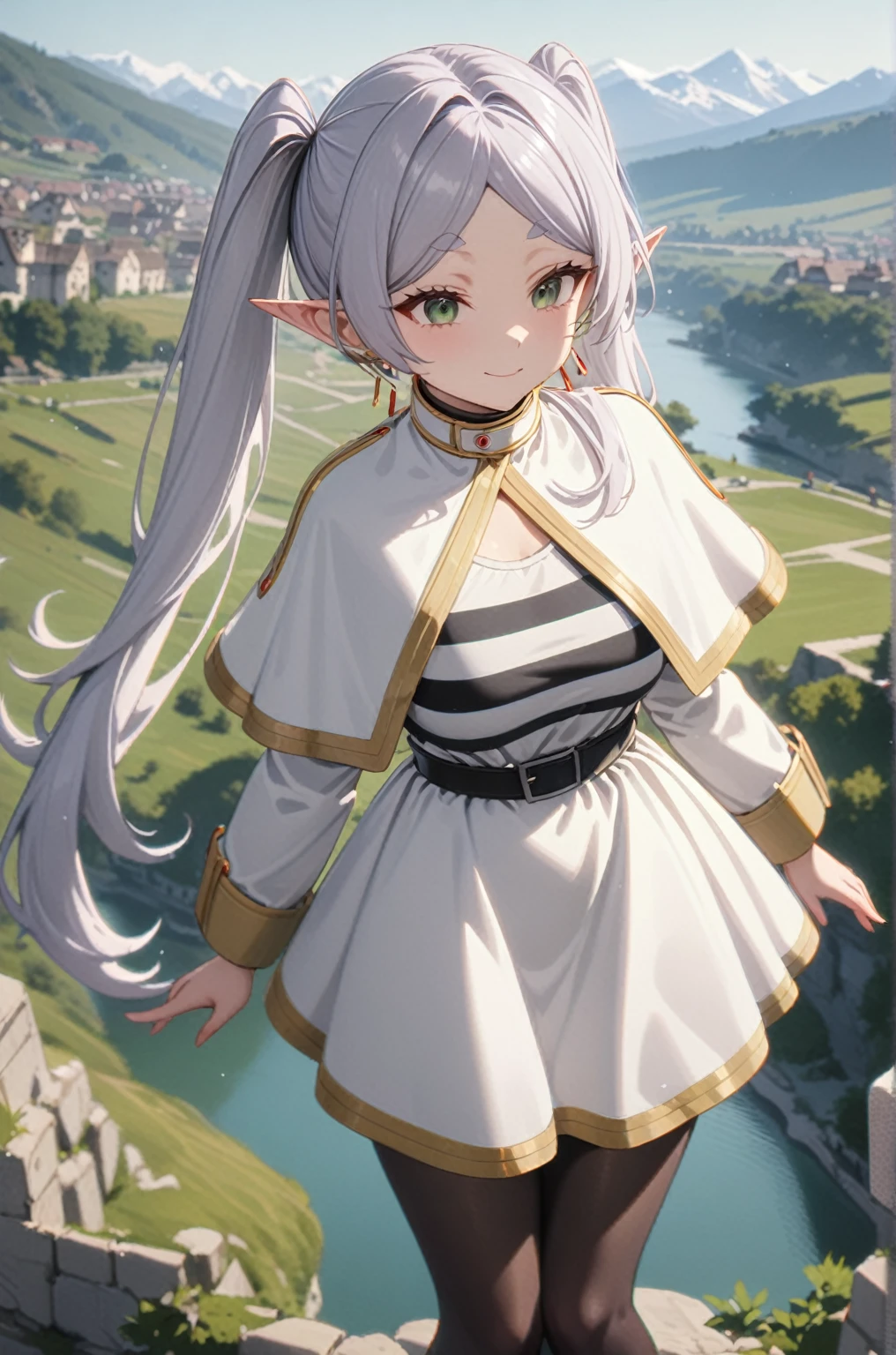 One girl, Freezing, Beautiful smile, Green Eyes, Gray Hair, Long Hair, Twin tails, Earrings, White capelet, Striped shirt, Long sleeve, belt, White Skirt, Black Pantyhose, Big Breasts, landscape, Looking at the audience, masterpiece, Highest quality, so beautiful, Absurd, up to date, Complex details, Complex, AI-generated,  