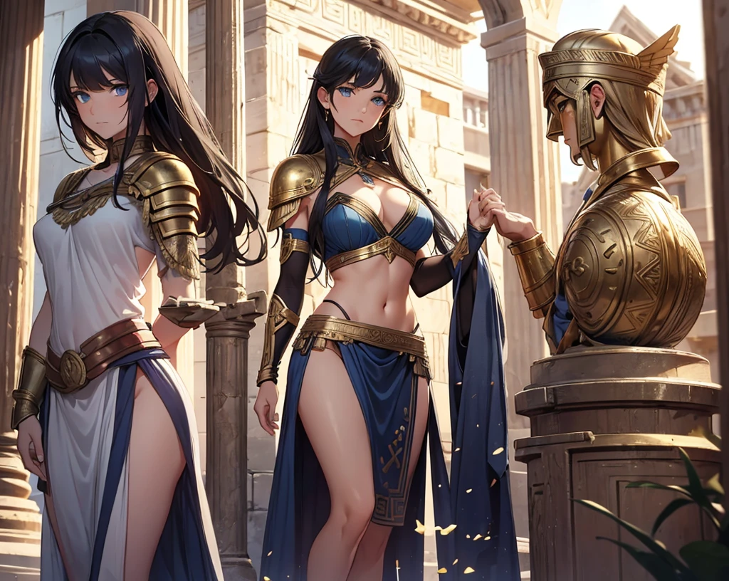 a beautiful Greek warrior standing guard at a door, Greek warrior, ancient Greece, classical Greece, black armor ,slim body, defined abdomen , warrior woman, short skirt, light armor, black hair, blue eyes , green eyes