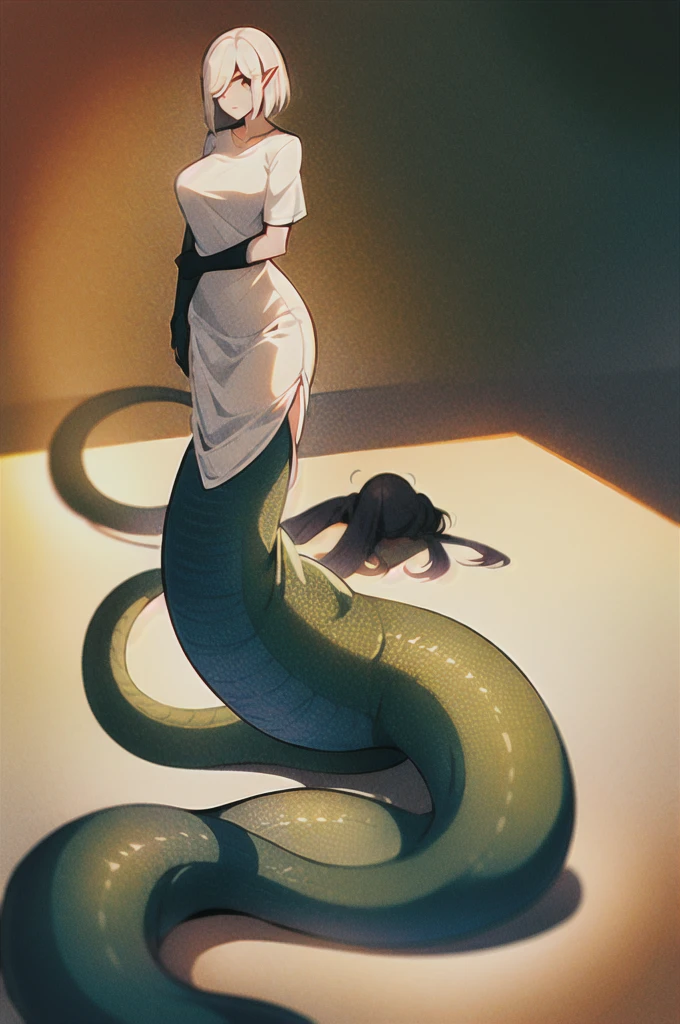 2 female lamia, scales, white shirt, full body, Original Character, Volumetric Lighting, Best Shadows, Shallow Depth of Field, Stunningly Beautiful Girl, , Delicate Beautiful Attractive Face