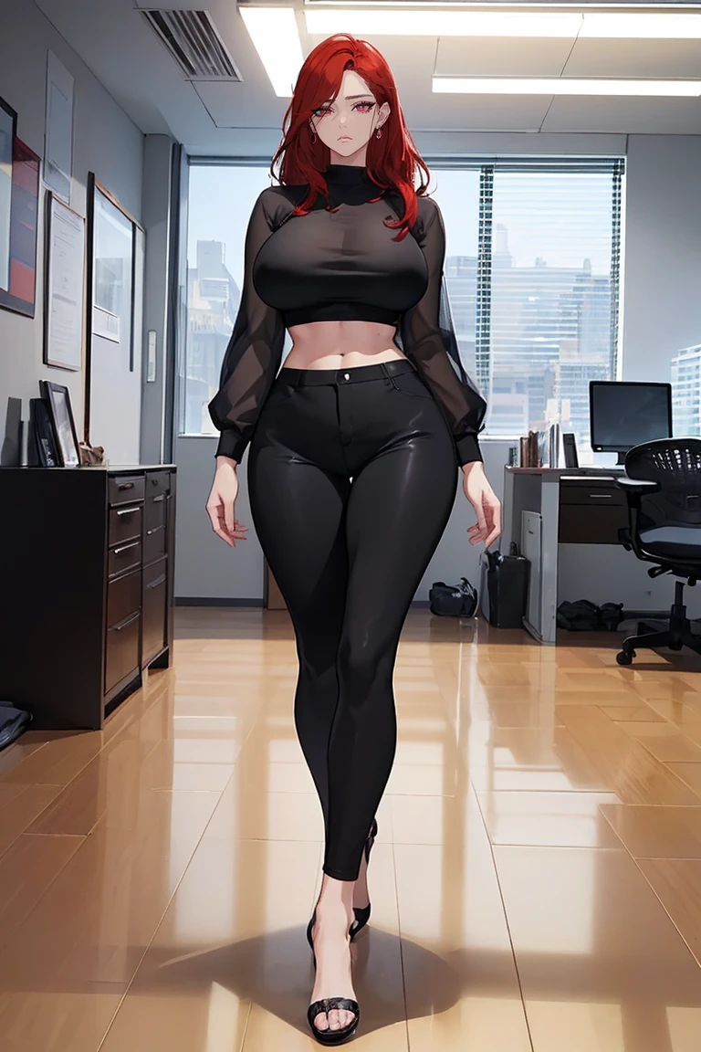 (Uhd, Masterpiece, Textured Skin, Super Detail, High Details, High Quality, Best Quality), Detailed Face, 1woman, mature pretty woman, Long red hair, (Fashion Black crop top shirt), (black pants), (Huge Body:1.5, tall), standing (full body view), (Low-sized breasts), (Office room)