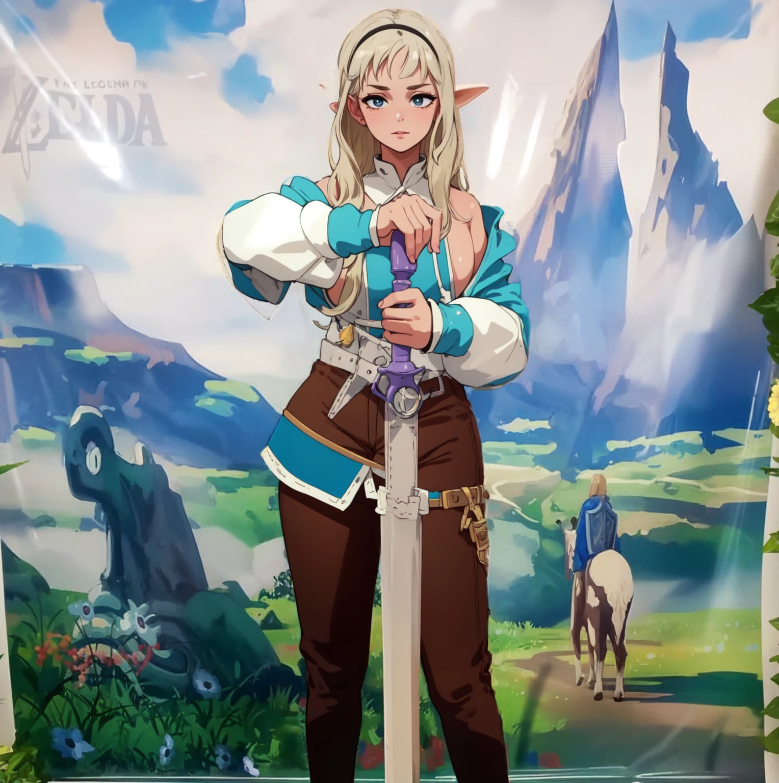 masterpiece, full body, 8k, ultra high definition, high quality, a young girl wearing zelda outfit, blonde hair, with a sword