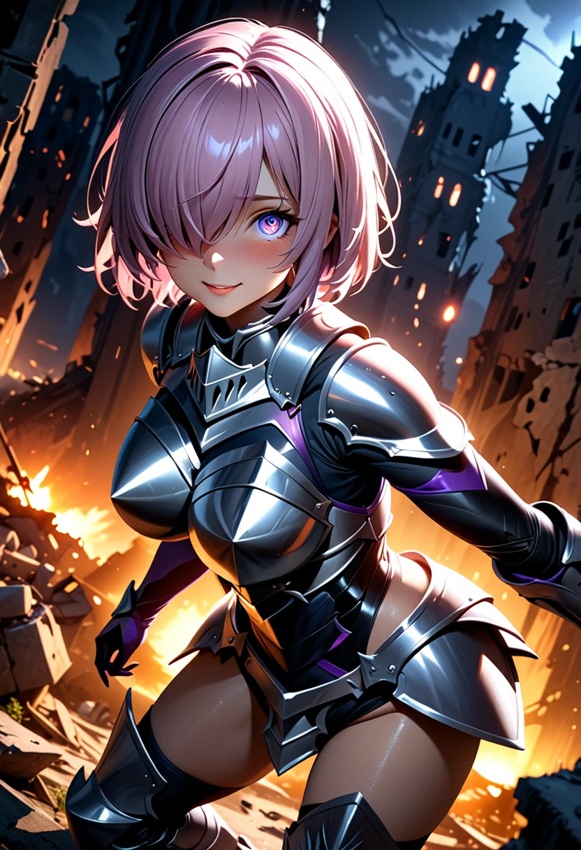 (masterpiece, top quality, best quality, beautiful and aesthetic:1.2), full body, extremely detailed, detailed face and eyes, cinematic light, depth of field, 1girl, seducing smile, solo, official, (armored knight:1.4), dark armor, mash kyrielight, light purple hair, short hair, hair over one eye, slim body, cinematic lighting, dramatic lighting, dramatic atmosphere, hyper-realistic, high resolution, stunning contrast, high quality, best quality, 8k, 4k, intricately detailed, (amazing details:1.2), highly detailed skin, powerful presence, vibrant colors, (detailed eyes:1.2), striking eyes, (detailed background), (warzone on background, night, ruins), (dynamic angle:1.2), (dynamic pose:1.2)