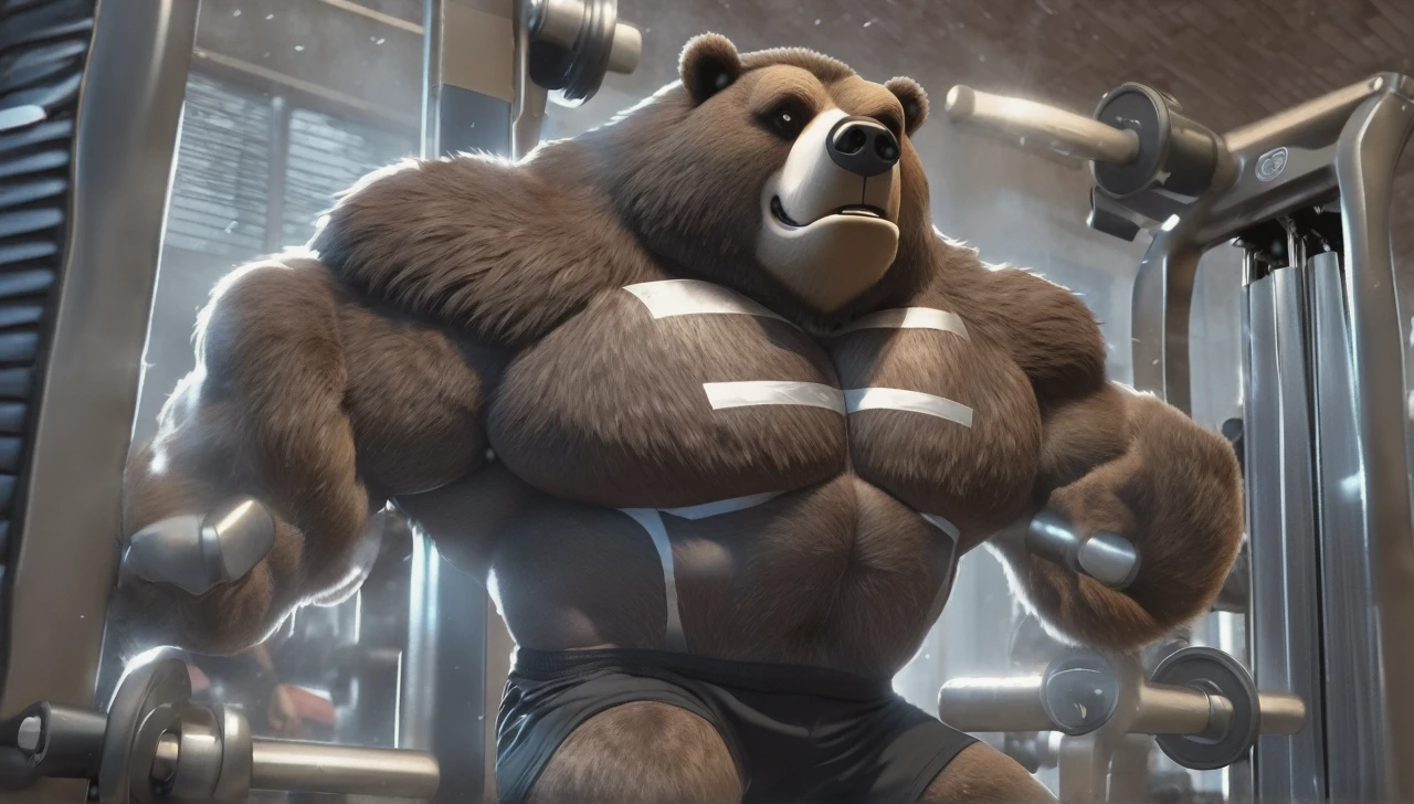 Big brown furry kodiak muscle bear with huge muscles with black gym shorts, black gym shoes and black wristbands at the gym doing incline bench presses sweating off with veins