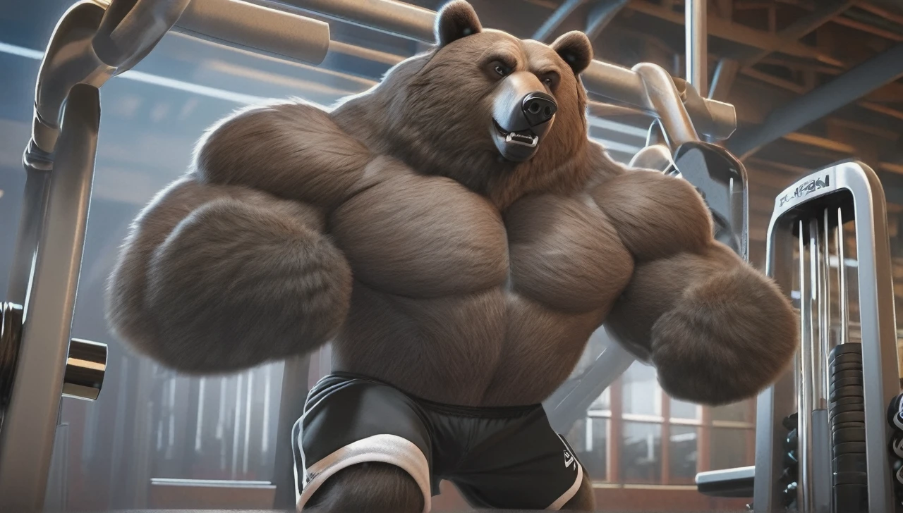 a giant muscular grizzly bear,extremely detailed bear,huge grizzly bear,massive grizzly bear,ultra-detailed bear,highly detailed bear,photorealistic bear,realistic bear,bear lifting heavy weights,bear lifting barbell,bear doing bicep curls,bear working out,bear gaining muscle,bear getting a pump,bear in a gym setting,bear in a fitness center,bear surrounded by gym equipment,bear with veins popping out,bear with defined musculature,bear with bulging muscles,bear with intense expression,bear with focused gaze,dramatic lighting,warm and vibrant colors,cinematic lighting,dramatic shadows,ultra-detailed,8k,best quality,photorealistic,highly detailed