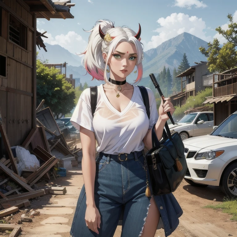 work of art , best qualityer,nahida(genshino impact), 1 demon girl , white  shirt:1.5 ,side ponytail ,protruding horns on the forehead,White hair ,multicolored hair, greeneyes,casual outfit , ha , black choker, duffel bag , hair green,dirt road in the middle of ruins , hellish life