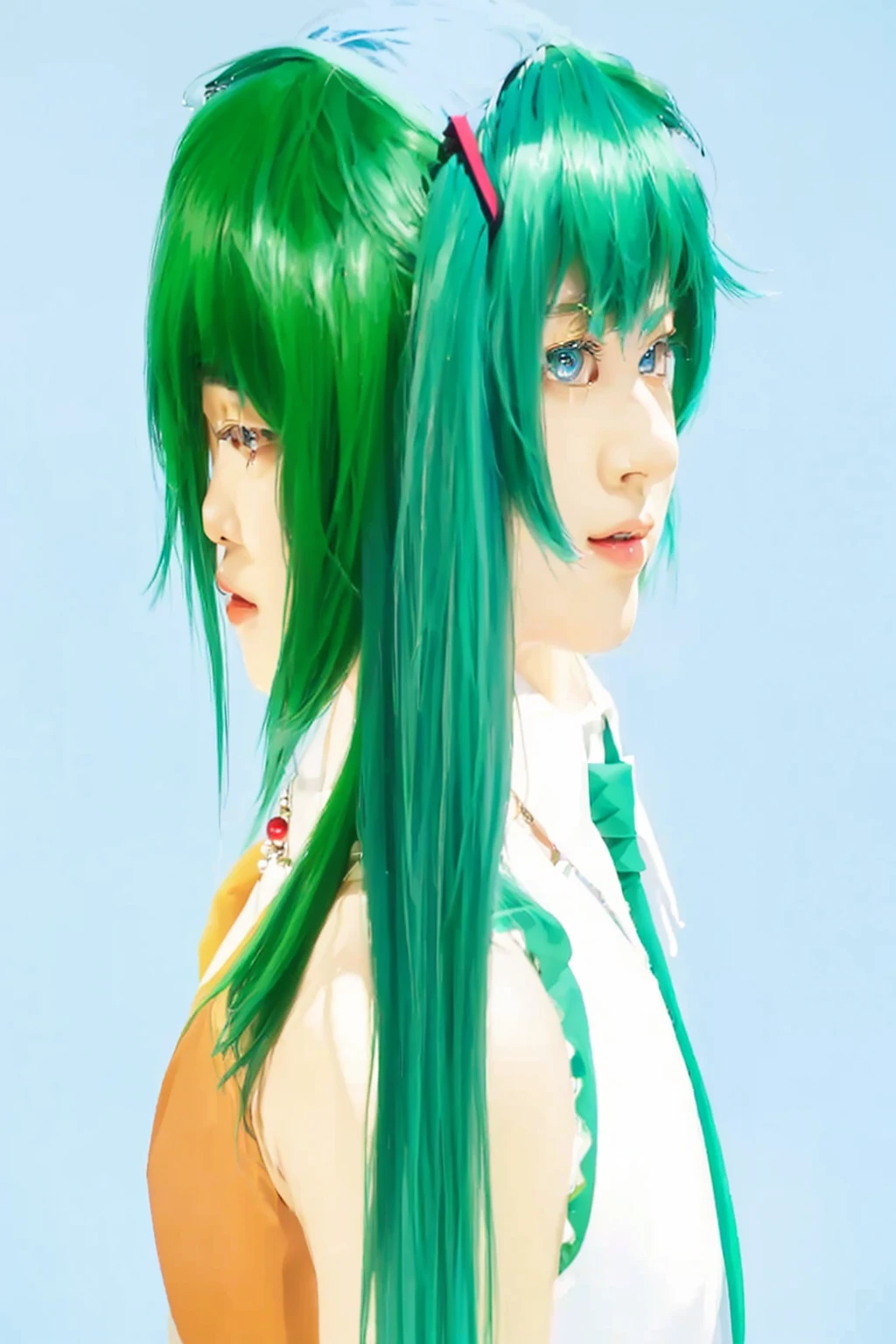 ((Masterpiece)), (best quality), (very detailed), ((very detailed)), 4k, (8k),2 girl,Hatsune Miku,Gumi,Japanese girl,Blue hair color White sleeveless shirt and blue tie,green hair color and orange dress with red round jewel necklace