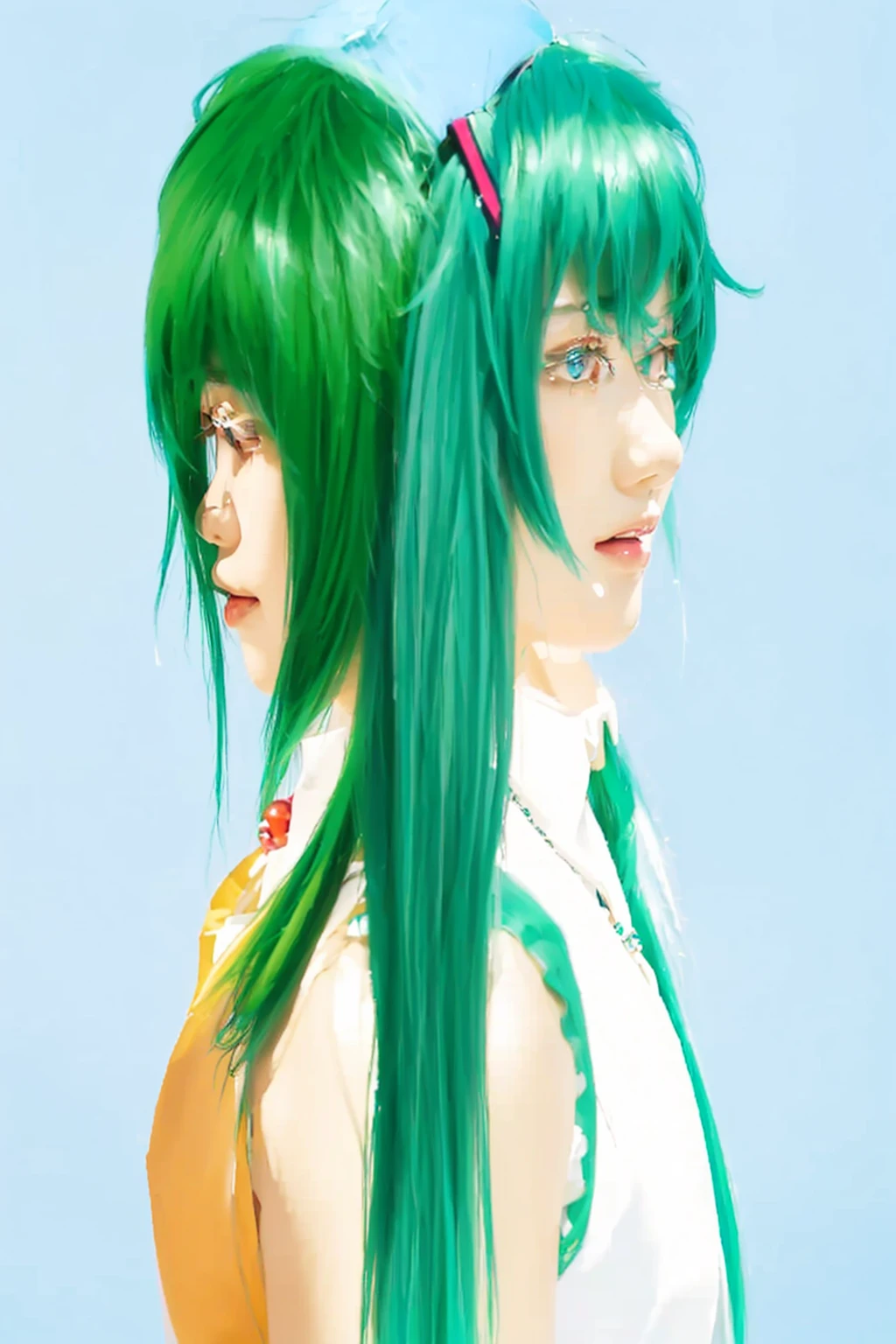 ((Masterpiece)), (best quality), (very detailed), ((very detailed)), 4k, (8k),2 girl,Hatsune Miku,Gumi,Japanese girl,Blue hair color White sleeveless shirt and blue tie,green hair color and orange dress with red round jewel necklace