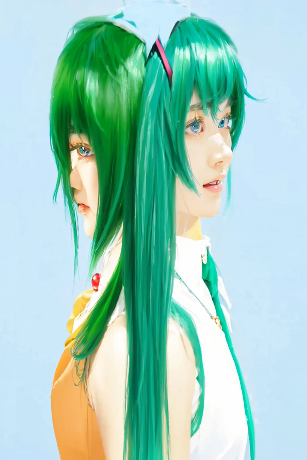 ((Masterpiece)), (best quality), (very detailed), ((very detailed)), 4k, (8k),2 girl,Hatsune Miku,Gumi,Japanese girl,Blue hair color White sleeveless shirt and blue tie,green hair color and orange dress with red round jewel necklace