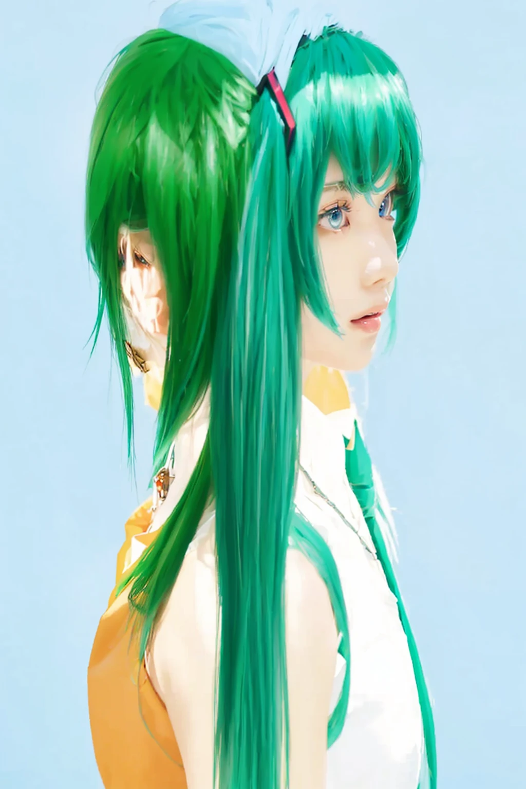 ((Masterpiece)), (best quality), (very detailed), ((very detailed)), 4k, (8k),2 girl,Hatsune Miku,Gumi,Japanese girl,Blue hair color White sleeveless shirt and blue tie,green hair color and orange dress with red round jewel necklace