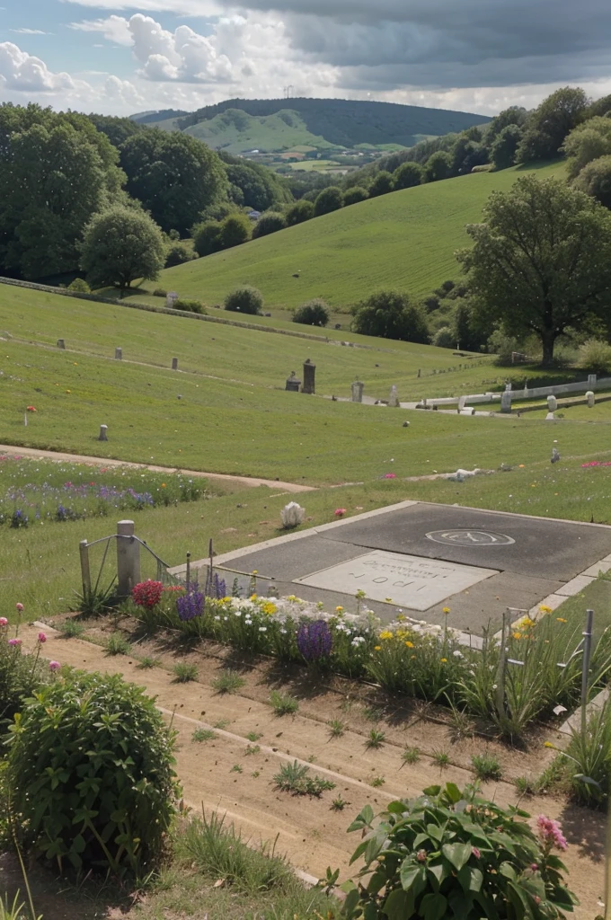 Tombe avec fleurs autour dans un paysage avec des collines et un orage