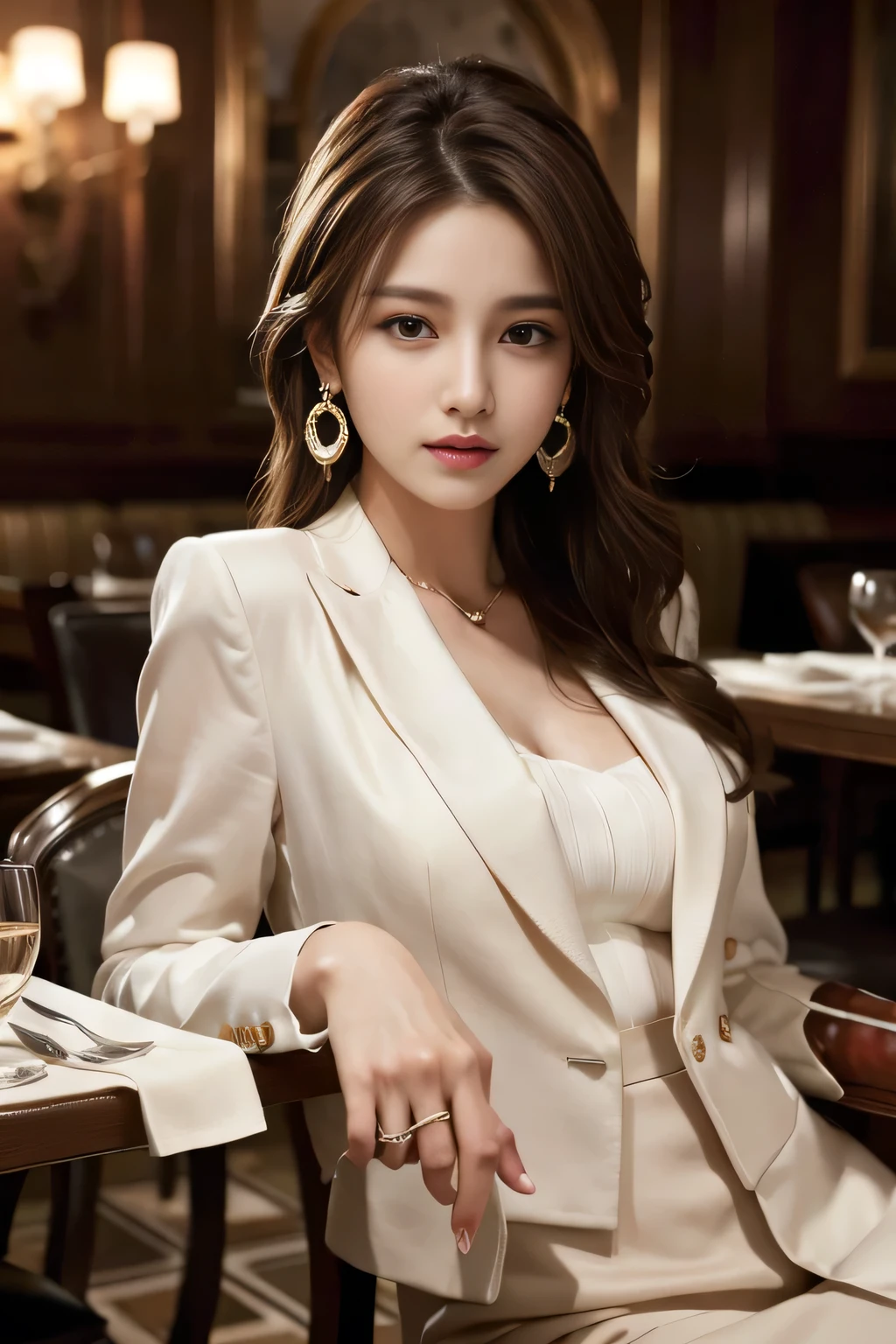 masterpiece, Highest quality, Realistic, Very detailed, Finer details, High resolution, 8k wallpaper, One beautiful woman, Wear a nice suit, In a great restaurant, At night, Light brown messy hair, Perfect dynamic composition, Beautiful and beautiful eyes、Big earrings、Sit on a chair、