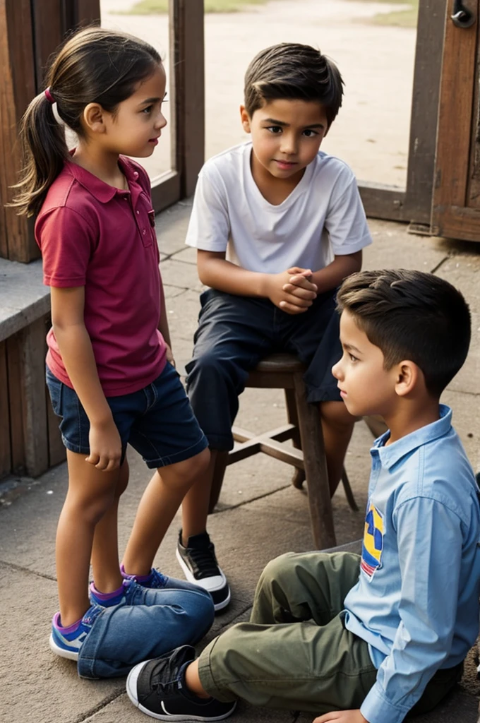 A girl talking to two boys