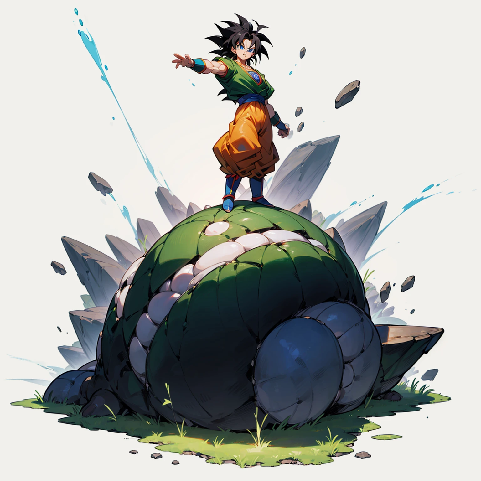 (Random Evolution, broly dragon ball z mixed with Stones), full body version, full black and white colour skins, (blue eyes), (Grassroots oil), Oil, (boy, black hair, red clothing)