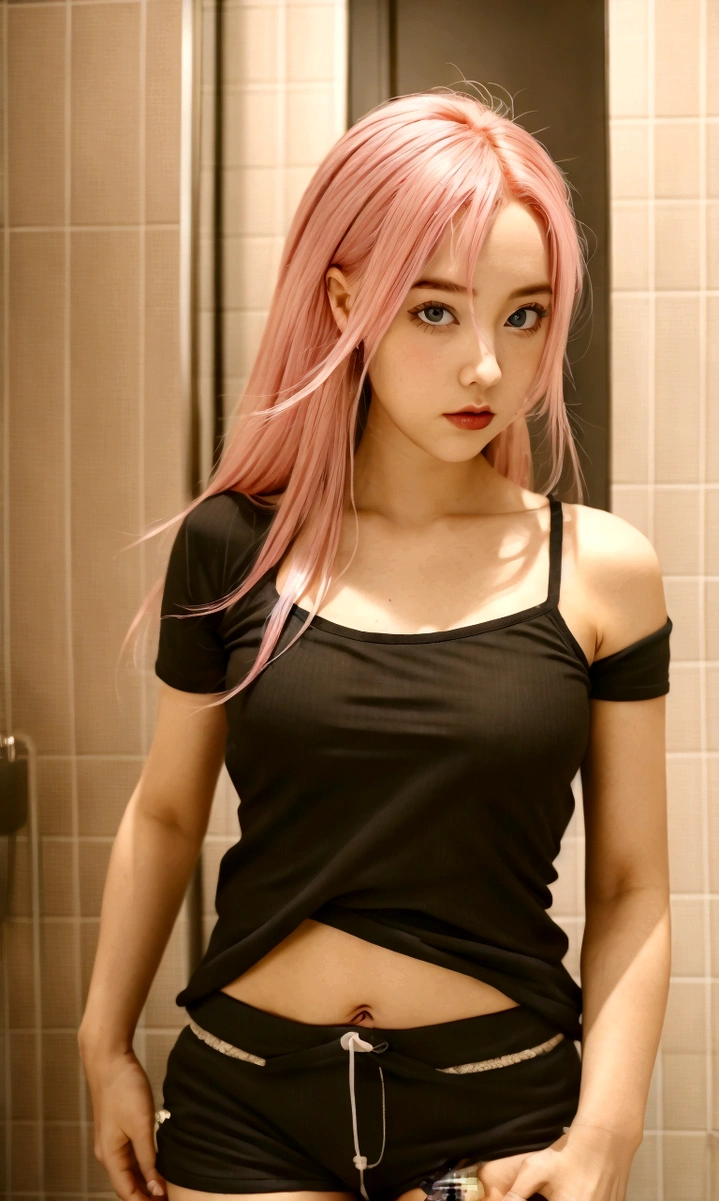 girl, pink hair, black top and shorts, in bathroom
