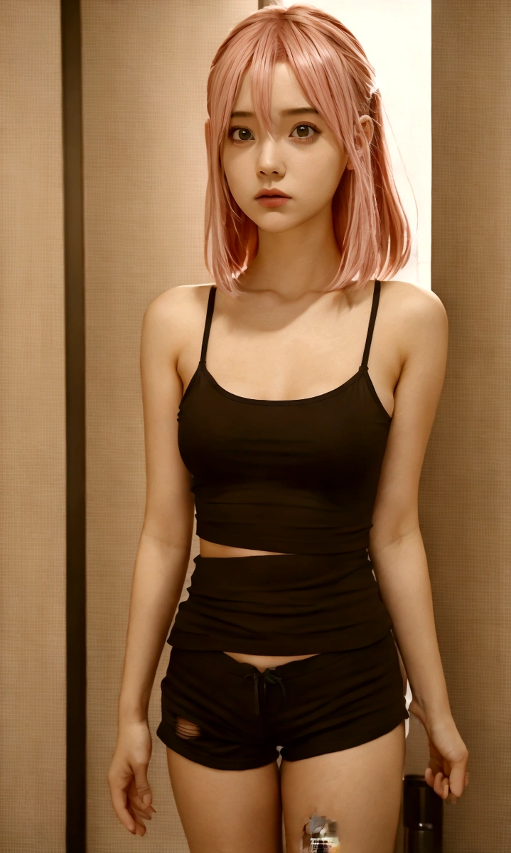 girl, pink hair, black top and shorts, in bathroom