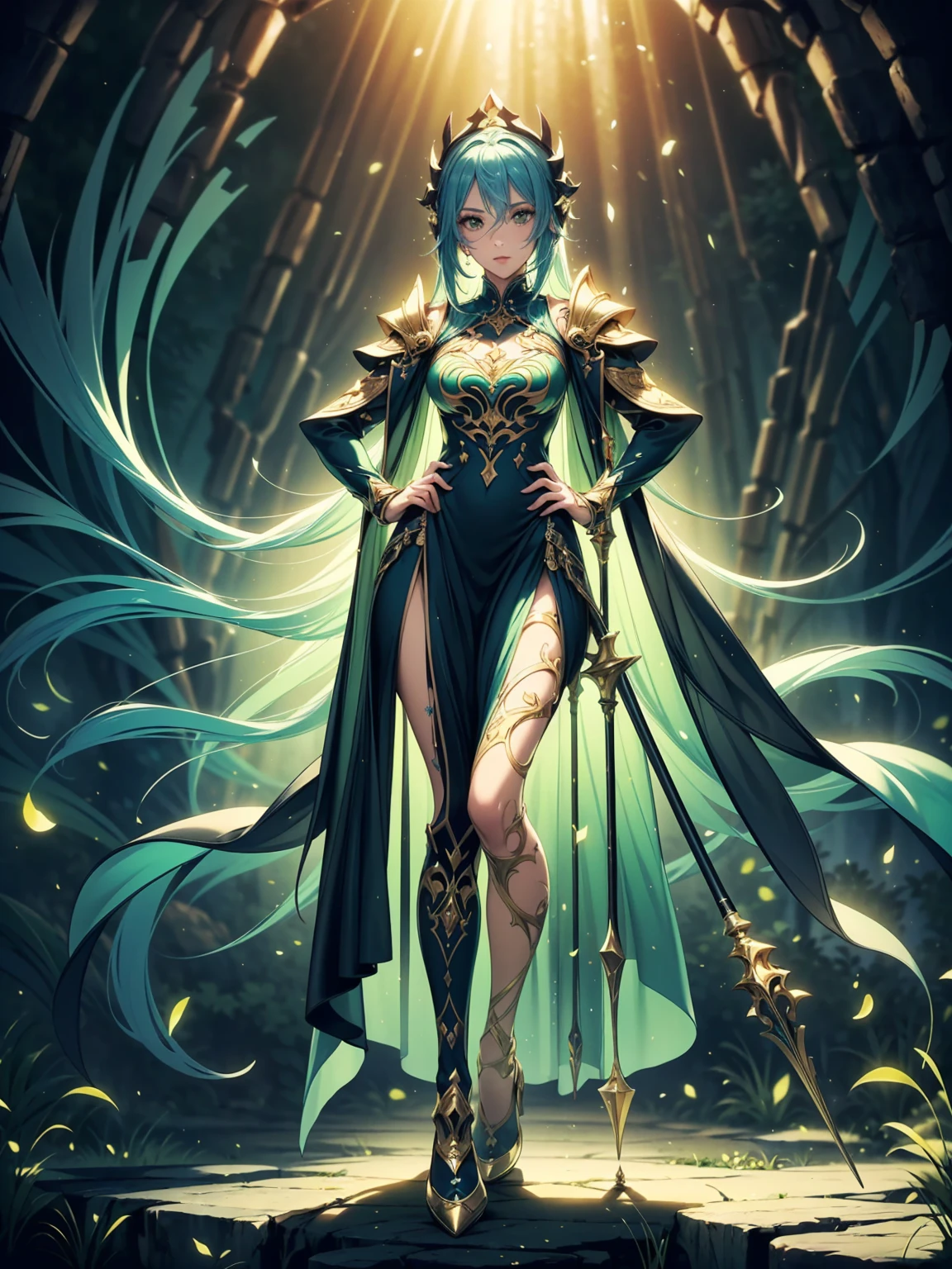 (((masterpiece, best quality, high detailed, 8k))) Design a layout showcase Gaming character, (1girl). Green|Gold clothes, stylish and unique. ((showcase weapon:1.4)), nature staff. (masterpiece:1.2), (best quality), 4k, ultra-detailed. (Step by step design, layout art:1.5), (luminous lighting, atmospheric lighting). druid, ((glove full hands)), (((revealing clothes:1.3))), vambraces, armored legwear, (((full_body_shot:1.4))). {In a magical meadow}.
