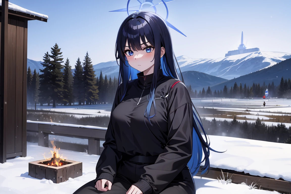 1girl,solo, saorijoumae, saori joumae, blue eyes, blue hair, halo, long hair, black clothes red parts, tall, teenager, sitting on steel boxes, snowy plains, campfire, snow