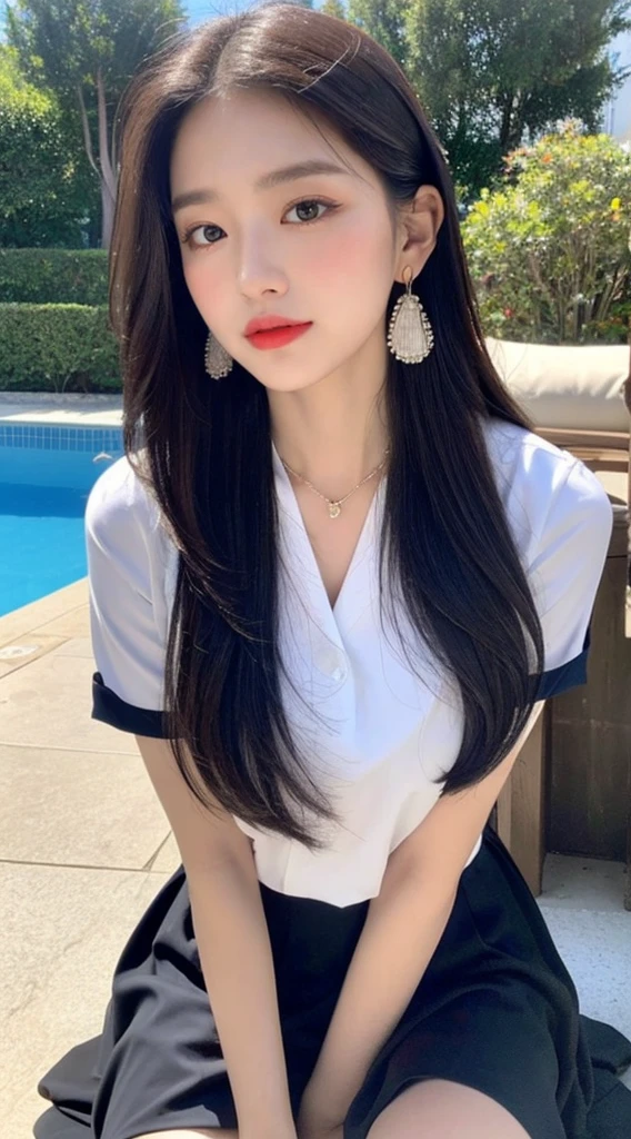 (best qualityer, 8K, Masterpiece artwork:1.3)), A pretty maiden,puros,melon seed face,Kind and cute,Um dolce sorriso,Pure Desires,Lean height,(The street),(Tilt your head),looking directly at the camera,uniforms, inner strength, formal,Long silky black, slickedback hair,Long hair falling over the shoulders,The large, round-cropped, 黑The eye,big and clear eyes,Hydrated red lips,dolce,gorgeous necklace,delicate earrings,Sitting on the edge of the pool,com blue sky e nuvens brancas,blue sky , big boobies , breasts showing , no censure , porn , HAVING SEX