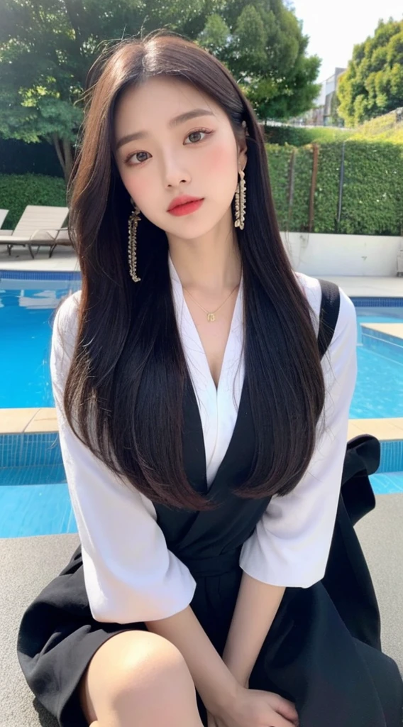 (best qualityer, 8K, Masterpiece artwork:1.3)), A pretty maiden,puros,melon seed face,Kind and cute,Um dolce sorriso,Pure Desires,Lean height,(The street),(Tilt your head),looking directly at the camera,uniforms, inner strength, formal,Long silky black, slickedback hair,Long hair falling over the shoulders,The large, round-cropped, 黑The eye,big and clear eyes,Hydrated red lips,dolce,gorgeous necklace,delicate earrings,Sitting on the edge of the pool,com blue sky e nuvens brancas,blue sky , big boobies , breasts showing , no censure , porn , HAVING SEX
