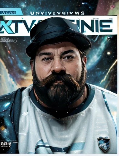 Deluxe edition science fiction magazine cover, (((roliço rechonchudo gordo, barba longa, usando um chapéu branco de capitão da marinha, left a face of a captain with a captain hat wearing a white and blue uniform he is bearded, plump and chubby))), ((above centered a technological spaceship, in the background a universe and its galaxies)). Text Report on the right in the middle of the magazine cover, text describing something important in the lower left part of the magazine.