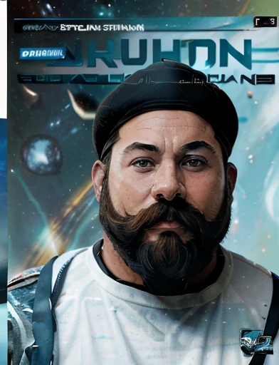 Deluxe edition science fiction magazine cover, (((roliço rechonchudo gordo, barba longa, usando um chapéu branco de capitão da marinha, left a face of a captain with a captain  hat wearing a white and blue uniform he is bearded, plump and chubby))), ((above centered a technological spaceship, in the background a universe and its galaxies)). Text Report on the right in the middle of the magazine cover,  text describing something important in the lower left part of the magazine.