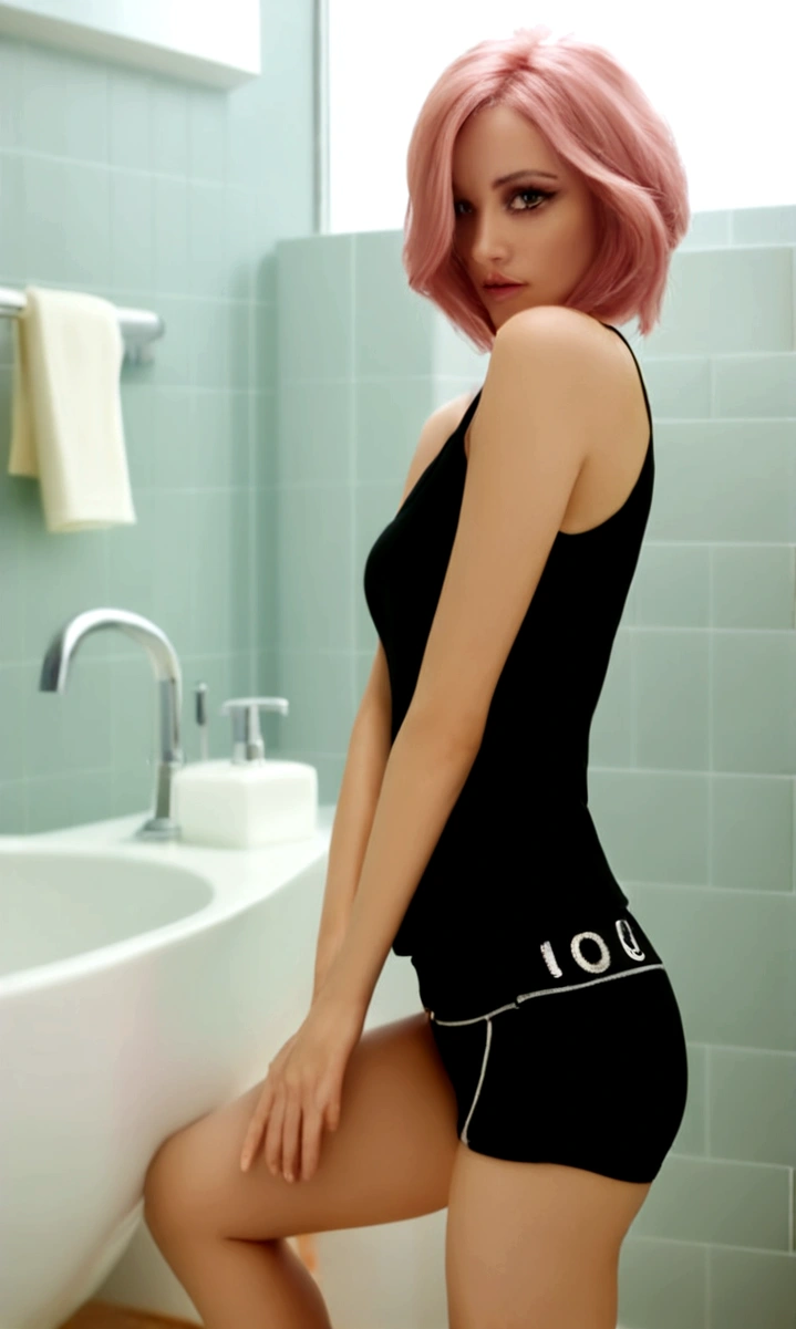 girl, pink hair, black top and shorts, in bathroom