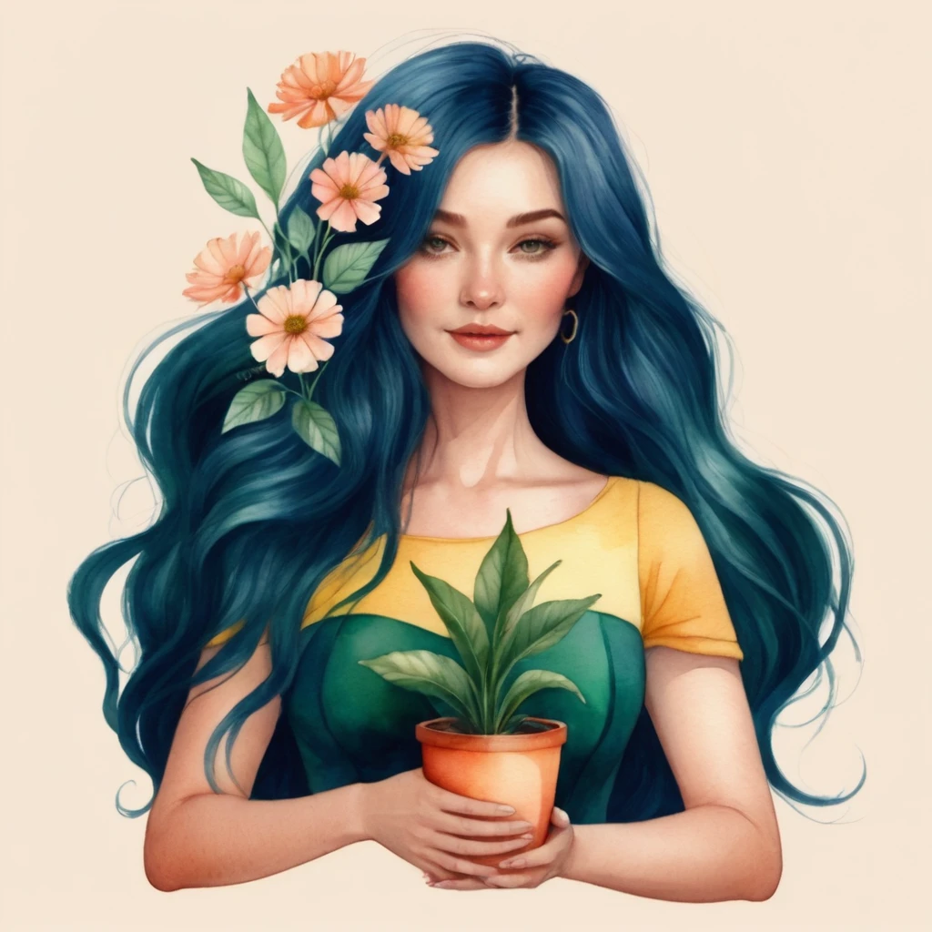 A WATERCOLOR ILLUSTRATION OF A BEAUTIFUL woman holding a vase with a plant, jen bartel, a beautiful art illustration, beautiful digital illustration, flowers grow from the body, in digital illustration style, illustration style, inspired by Amy Sol, goddess of flowers , 2d illustration, 2 d illustration, digital art illustration, 2d digital illustration, serene illustration, dreamy illustration, colorful illustration