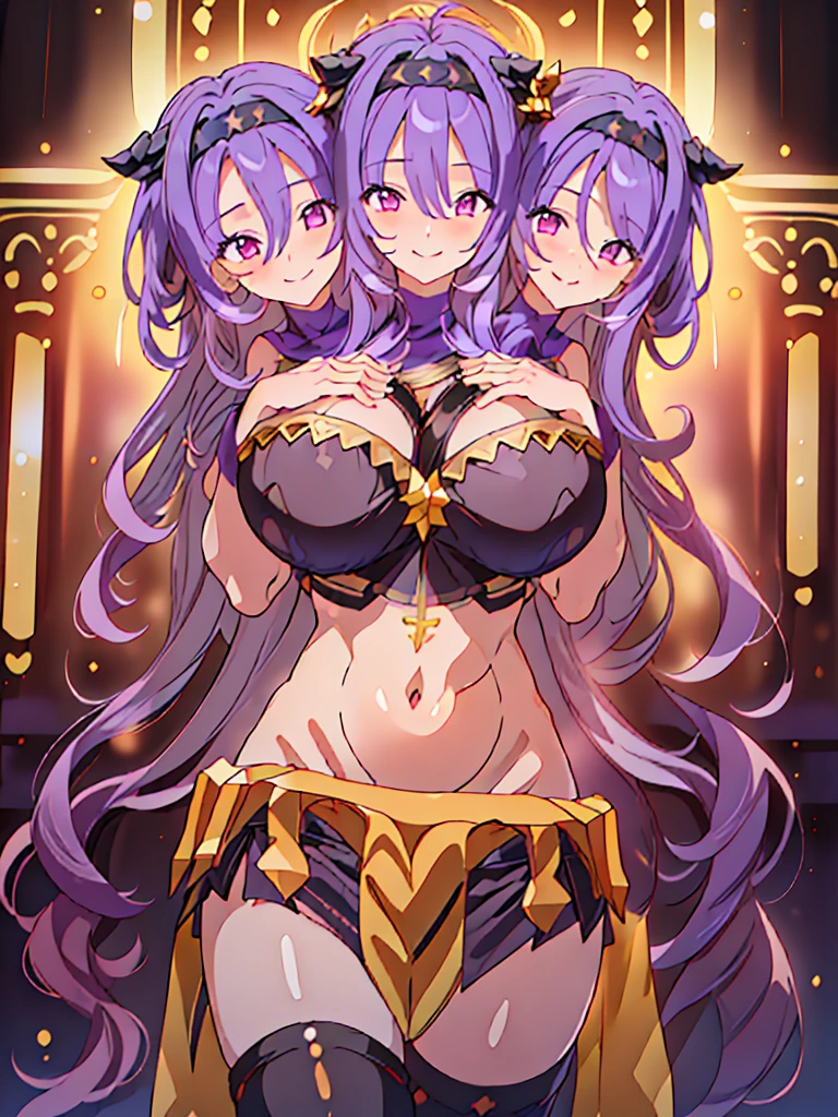 (masterpiece, best quality), best resolution, (3heads:1.5), 1girl, purple hair, long flowing hair, curly hair, smiling, seductive smile, open belly, black crop top, golden-black miniskirt, open breasts, huge tits, black headband with horns,