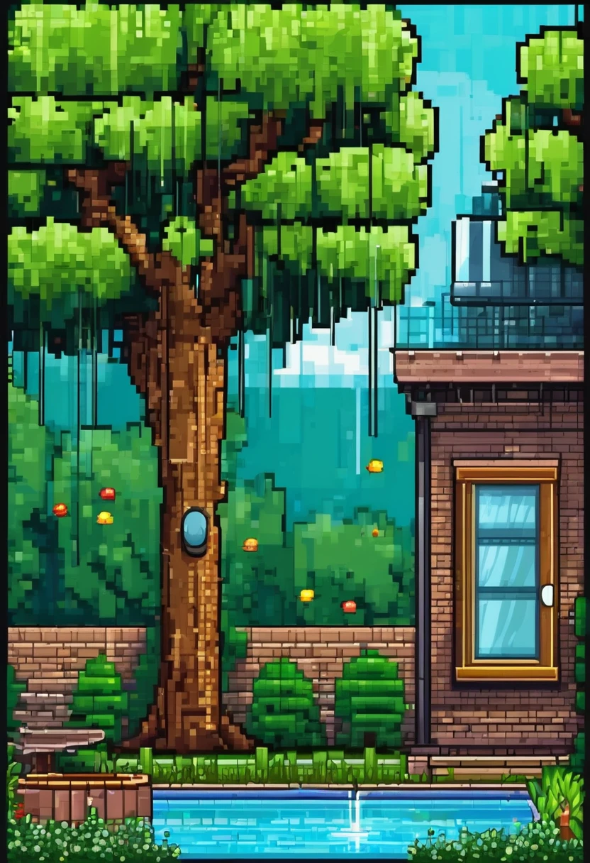 a backyard with a tree and a bird fountain background multiple texture spritesheet, pop-art-and-cartoon-style themed, 2d side scroller game, front view, pixel art , hq