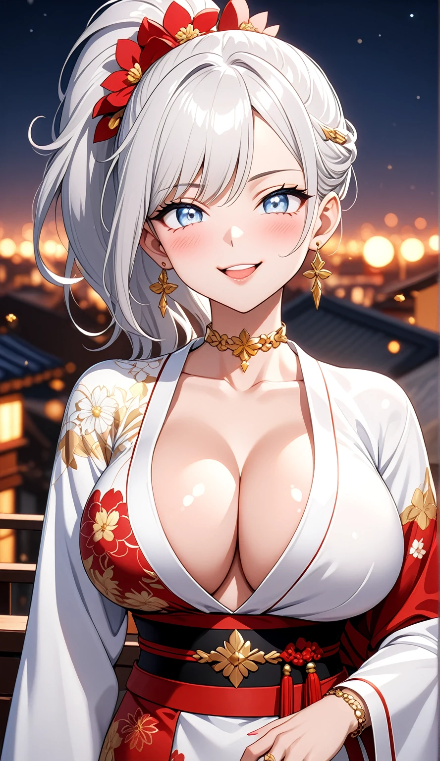 ((One personの女性)), Beautiful Face, (Laughing embarrassedly), (laugh:1.2),((Wink:1.7)), (head tilt:1.3), Laugh with your mouth wide open, upper teeth, looking down at viewer, ((Bright red cheeks:1.4)),Glossy Red Lips,rooftop, firework, Glossy red lips, Shining Face, ((Anime style background)),masterpiece, Highest quality, so beautiful,up to date, Complex details, (Pink long nails),(ring),(bracelet),(Floral choker),AI-generated, Complex,High resolution, Highest quality, super high quality,3D Images、3D Images,One person,Long white hair,High Ponytail, Anime woman posing for a photo,(blue eyes), ((Fine grain、Silvery white, lightly pigmented eyes、Shining Eyes:1.4)), (Squint your eyes:1.1),a hyperRealistic , hyperRealistic , Realistic,Anime woman with long white hair, Smooth anime CG art, A woman in a colorful kimono with gold embroidery, (Black long sleeve kimono),Red floral pattern,Long flower hair ornament,Earrings,Mature Body,(Big Breasts:1.1),Tall,Abdominal muscles,Tight waist,((breast focus:1.4)), (front view),