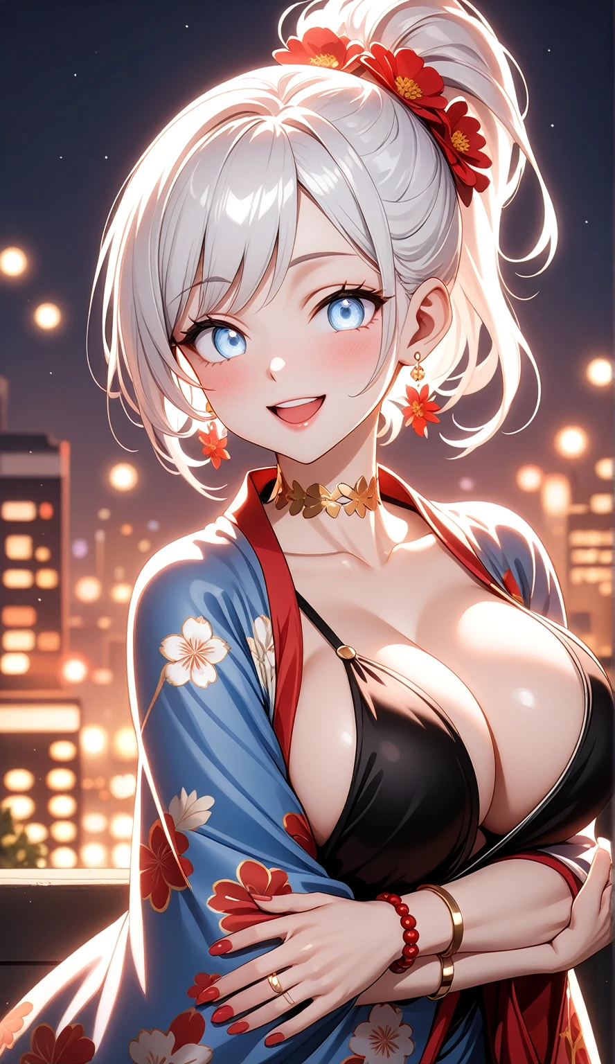 ((One personの女性)), Beautiful Face, (Laughing embarrassedly), (laugh:1.2),((Wink:1.7)), (head tilt:1.3), Laugh with your mouth wide open, upper teeth, looking down at viewer, ((Bright red cheeks:1.4)),Glossy Red Lips,rooftop, firework, Glossy red lips, Shining Face, ((Anime style background)),masterpiece, Highest quality, so beautiful,up to date, Complex details, (Pink long nails),(ring),(bracelet),(Floral choker),AI-generated, Complex,High resolution, Highest quality, super high quality,3D Images、3D Images,One person,Long white hair,High Ponytail, Anime woman posing for a photo,(blue eyes), ((Fine grain、Silvery white, lightly pigmented eyes、Shining Eyes:1.4)), (Squint your eyes:1.1),a hyperRealistic , hyperRealistic , Realistic,Anime woman with long white hair, Smooth anime CG art, A woman in a colorful kimono with gold embroidery, (Black long sleeve kimono),Red floral pattern,Long flower hair ornament,Earrings,Mature Body,(Big Breasts:1.1),Tall,Abdominal muscles,Tight waist,((breast focus:1.4)), (front view),