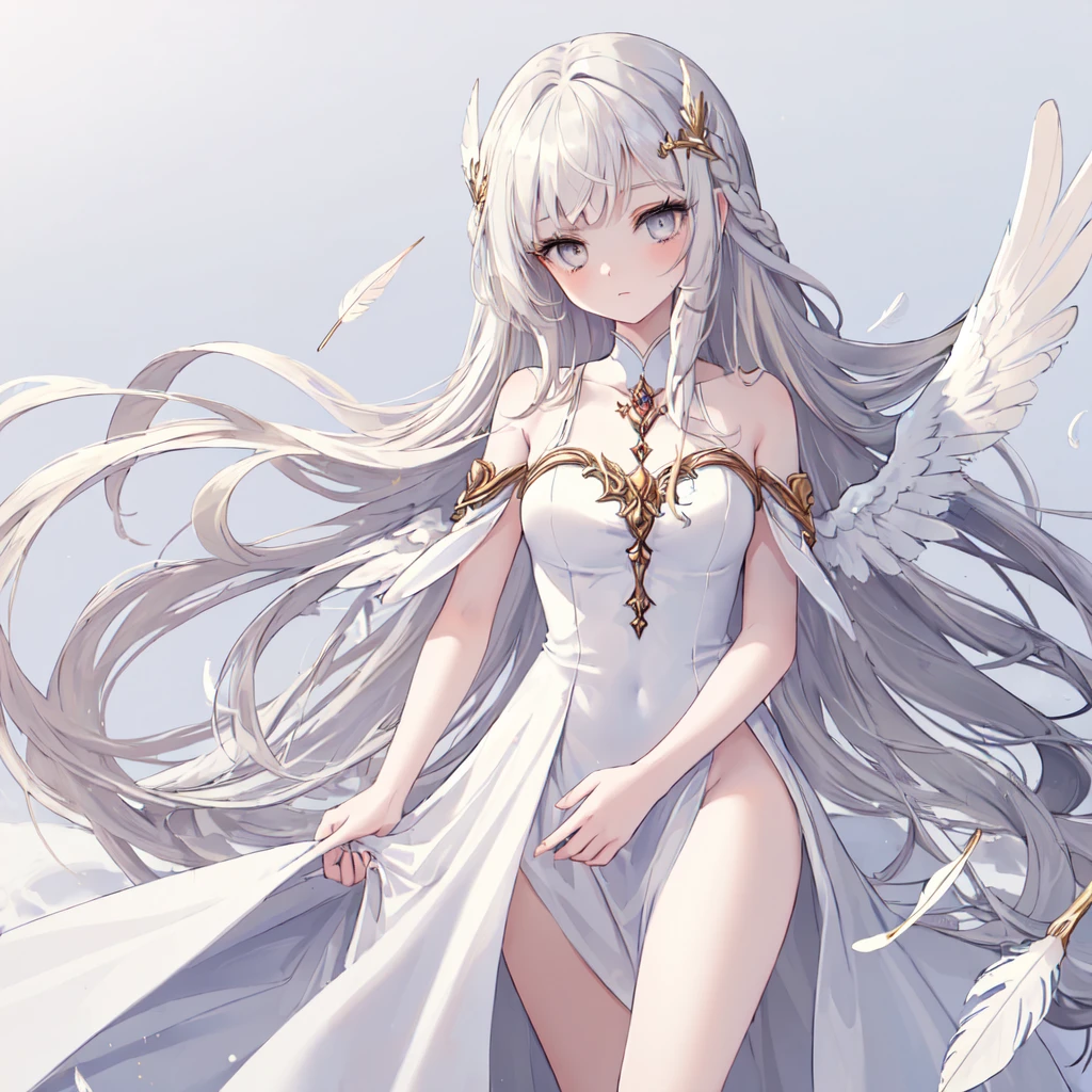 (((masterpiece, high quality))), One girl, Angel Girl, (((wing))), Winter grey eyes, (Gold and white feather), Celestial, Demon Realm Background, (((Two Tone Split Hair Color))), ((Very long curly hair)), Angel Dress