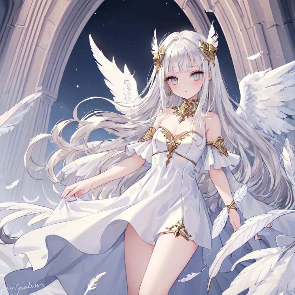 (((masterpiece, high quality))), One girl, Angel Girl, (((wing))), Winter grey eyes, (Gold and white feather), Celestial, Demon Realm Background, (((Two Tone Split Hair Color))),  ((Very long curly hair)), Angel Dress