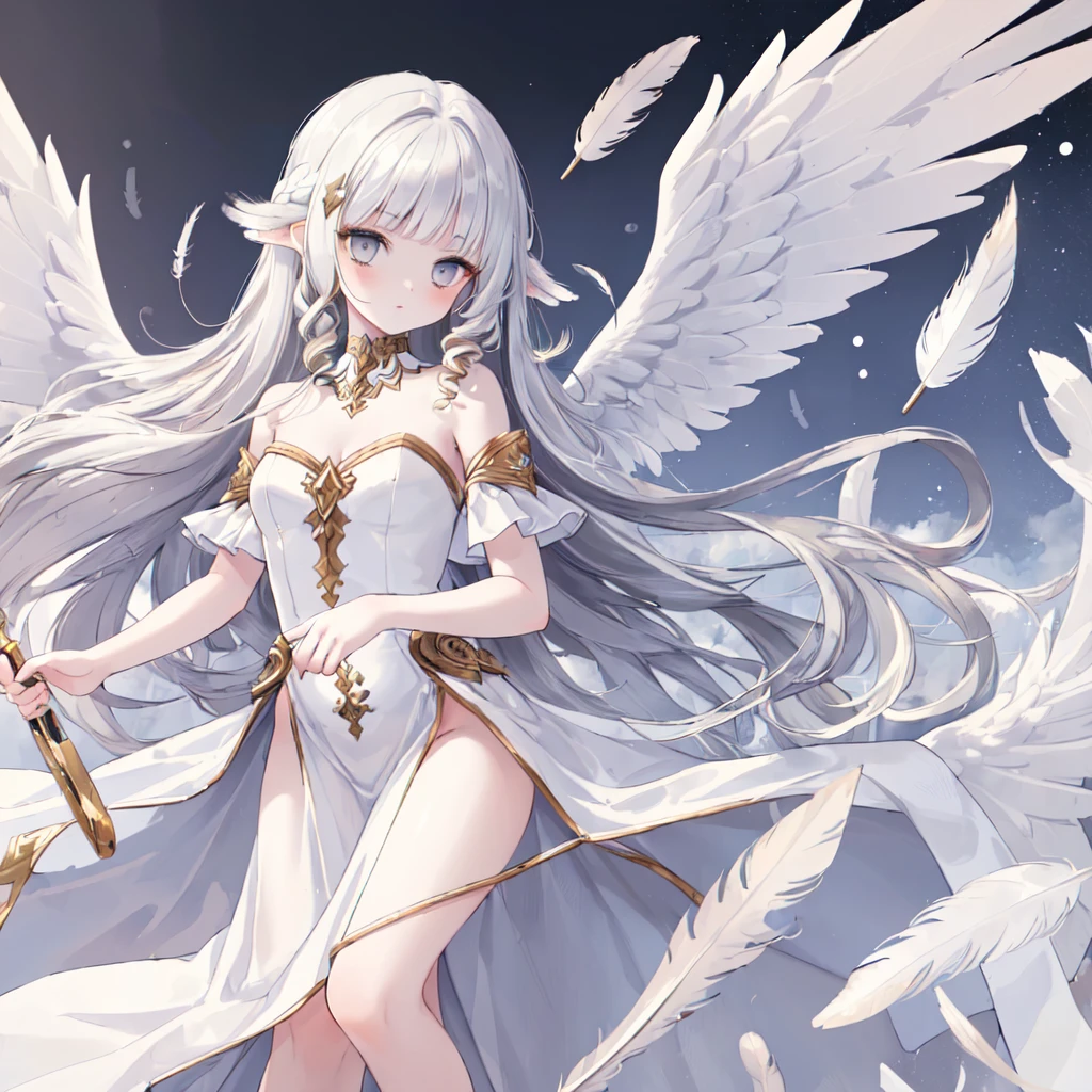 (((masterpiece, high quality))), One girl, Angel Girl, (((wing))), Winter grey eyes, (Gold and white feather), Celestial, Demon Realm Background, (((Two Tone Split Hair Color))), ((Very long curly hair)), Angel Dress