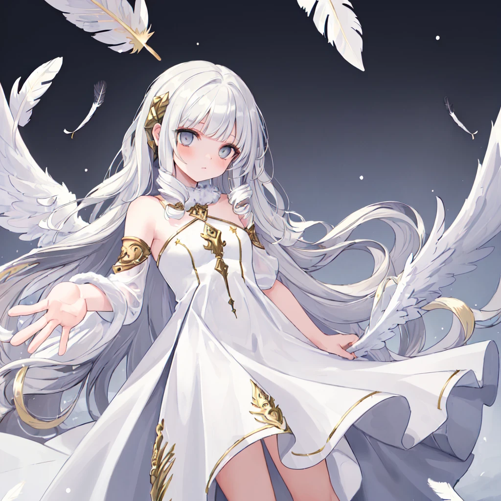 (((masterpiece, high quality))), One girl, Angel Girl, (((wing))), Winter grey eyes, (Gold and white feather), Celestial, Demon Realm Background, (((Two Tone Split Hair Color))),  ((Very long curly hair)), Angel Dress