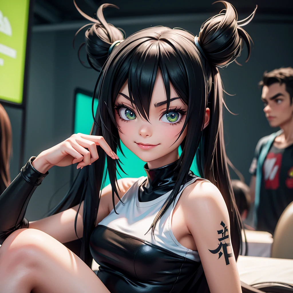 girl similar to gorillaz noodle, long black and green gradient straight hair ((drawing)), ((anime girl nose)), white t-shirt, resting her chin on her hand (pose for photo) tattoos on her arms, showing her tongue, art cyberpunk, sarcastic look, nervous teenager, malicious smile, background scene with several people looking, art inspired by Jamie Hewlett,