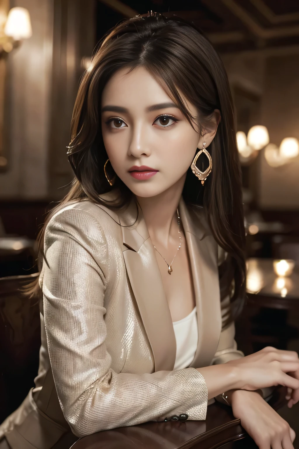 masterpiece, Highest quality, Realistic, Very detailed, Finer details, High resolution, 8k wallpaper, One beautiful woman, Wear a nice suit, In a great restaurant, At night, Light brown messy hair, Perfect dynamic composition, Beautiful and beautiful eyes、Big earrings、Sit on a chair、