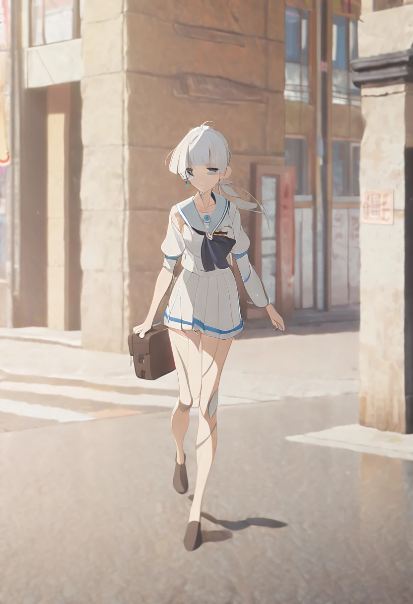 (One tall woman,White Hair,Hairstyle is short ponytail,Blue Eyes,Medium chest,Medium thighs,Hide the right eye with bangs)Sailor suit,Short skirt,Woman walking on the street