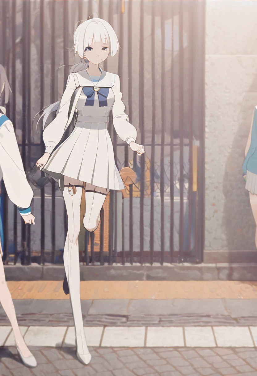 (One tall woman,White Hair,Hairstyle is short ponytail,Blue Eyes,Medium chest,Medium thighs,Hide the right eye with bangs)Sailor suit,Short skirt,Woman walking on the street