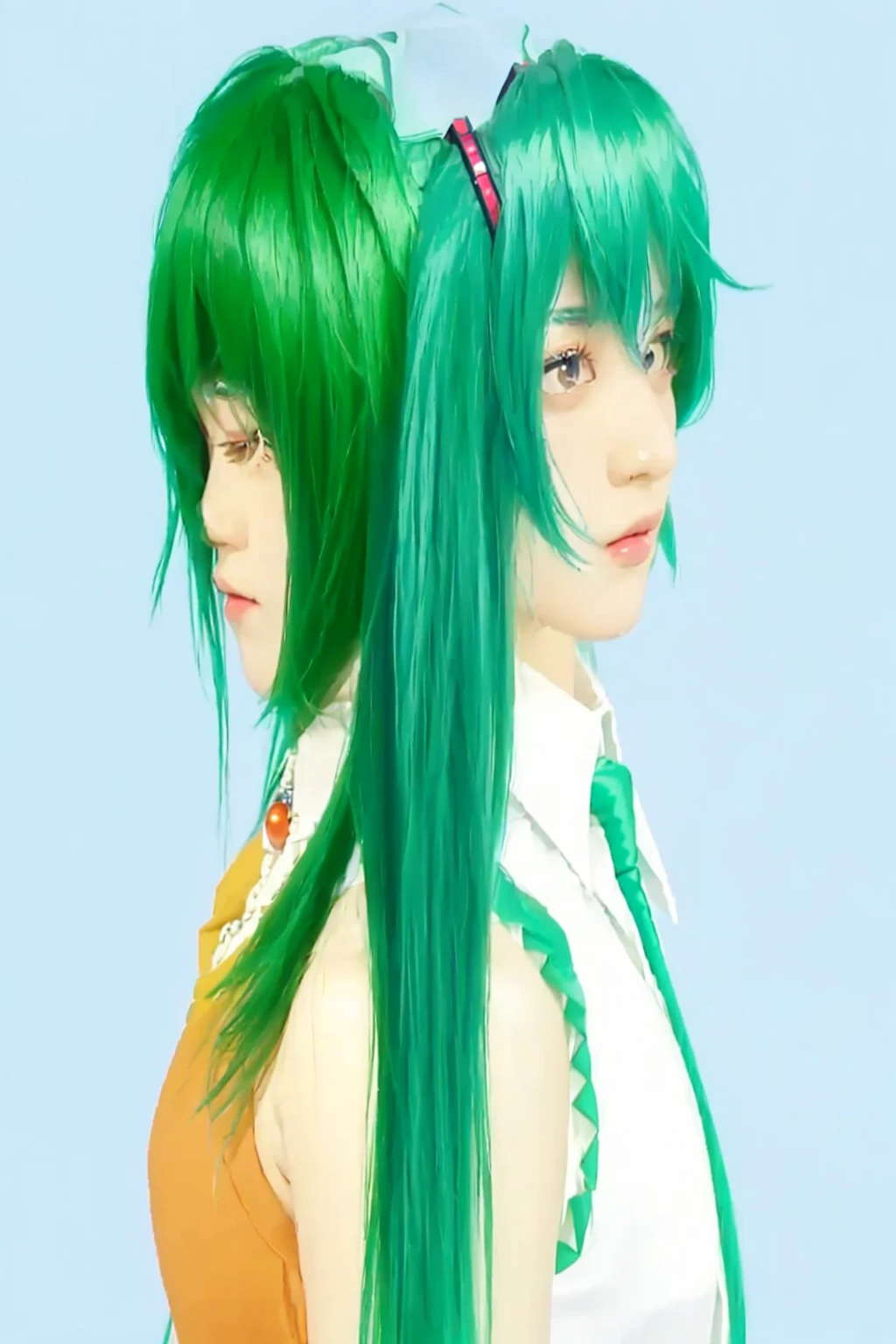 ((Masterpiece)), (best quality), (very detailed), ((very detailed)), 4k, (8k),2 girl,Hatsune Miku,Gumi,Japanese girl,Blue hair color White sleeveless shirt and blue tie,green hair color and orange dress with red round jewel necklace