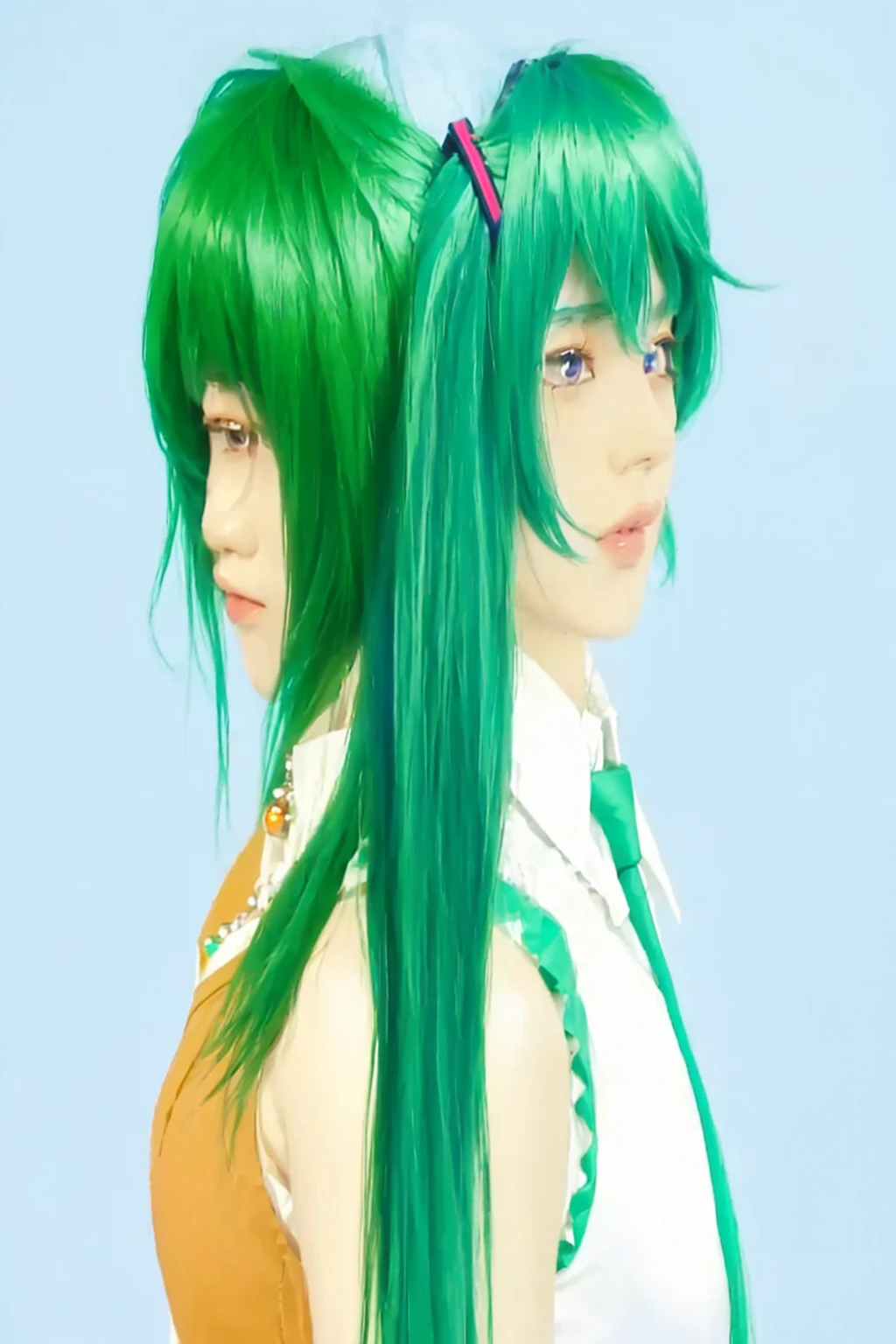 ((Masterpiece)), (best quality), (very detailed), ((very detailed)), 4k, (8k),2 girl,Hatsune Miku,Gumi,Japanese girl,Blue hair color White sleeveless shirt and blue tie,green hair color and orange dress with red round jewel necklace