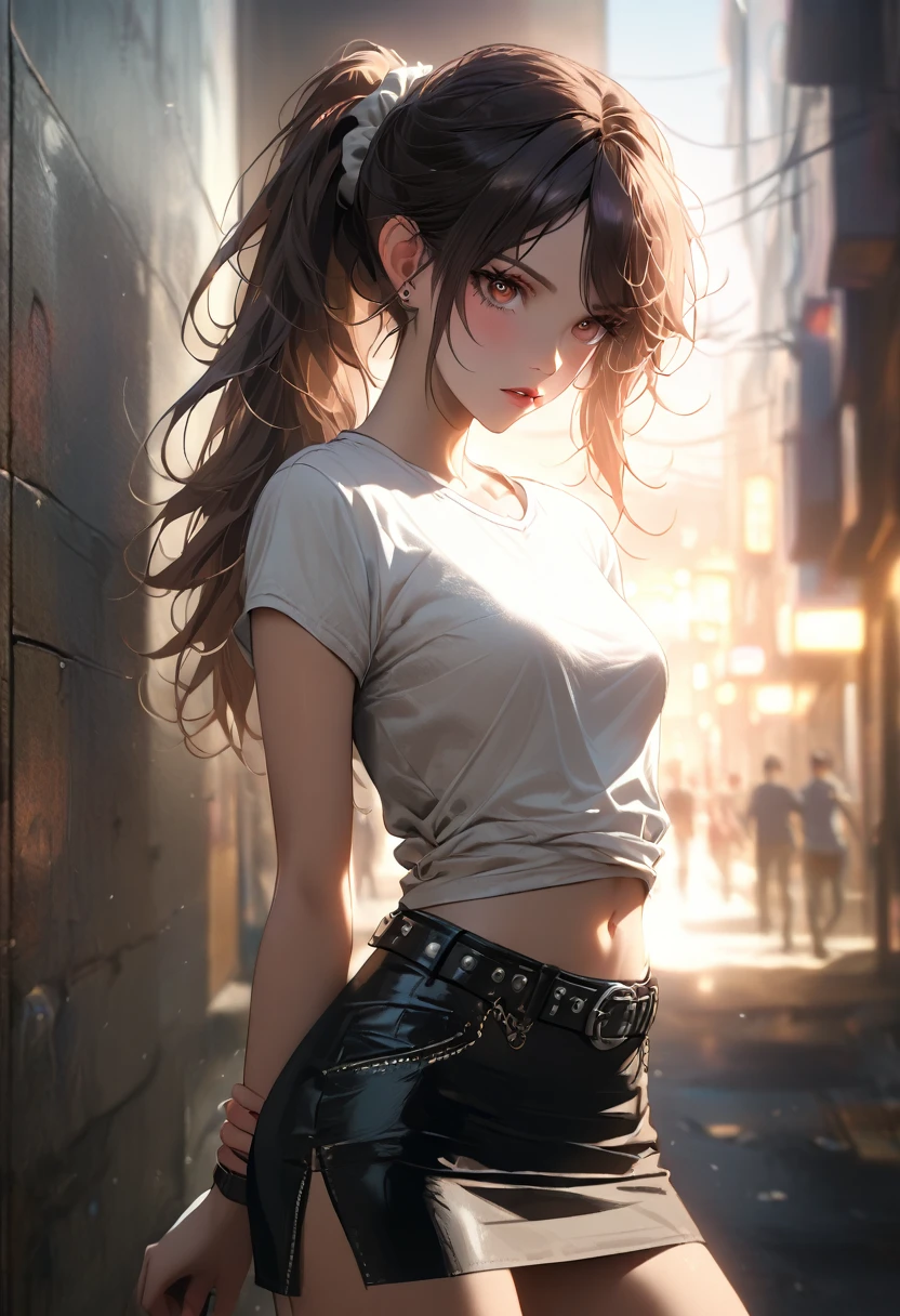 1girl, solo, long hair, breasts, full body, looking at viewer, bangs, skirt, brown hair, shirt, hair ornament, navel, brown eyes, medium breasts, standing, white shirt, ponytail, short sleeves, thighs, cowboy shot, parted lips, midriff, punk belt, miniskirt, black skirt, stomach, lips, crop top, arms behind back, scrunchie, hair scrunchie, pencil skirt, against wall, cropped shirt, bare legs, sneakers
