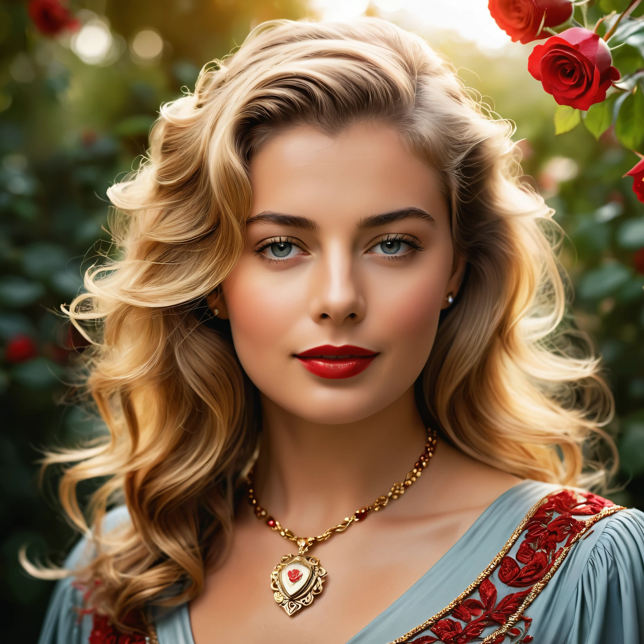 Create a highly detailed and realistic portrait of a young Ingrid Bergman with long, wavy blonde hair adorned with red roses. She has striking, expressive eyes and a calm, composed expression. She is wearing a vintage-style outfit with a necklace featuring a pendant. The background is a soft-focus natural setting with warm, dappled sunlight filtering through the leaves, enhancing the serene and romantic atmosphere. The style should be hyper-realistic with a touch of romanticism. Photo Realistic photo, vibrant colors, 16k