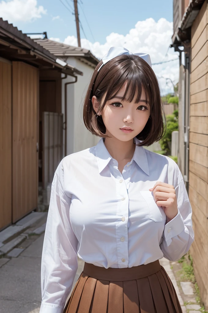 (masterpiece), (Highest quality), (High resolution),Realistic skin texture, Perfect Face, Realistic, Perfect hands, Perfect finger count, Japanese, Girl, (20-year-old), Big Eyes, Brown eyes, Brown Hair, bangs, short hair, Hair Ribbon, Small face, Light Smile, ((White button-up shirt, Big Breasts, tie, Mini Pleated Skirt)), Are standing, Cute pose, Back Alley, Blue sky and clouds, Hair blowing in the wind